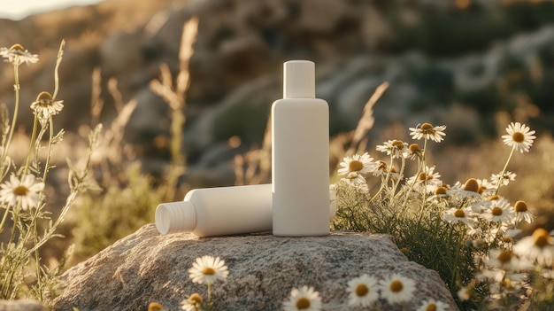 Photo white bottles in a field of daisies