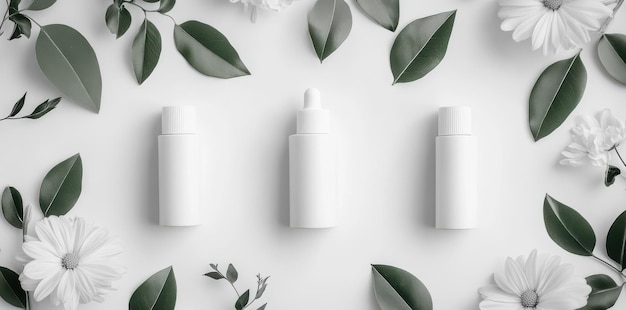 Photo white bottles and flowers surrounded by green leaves