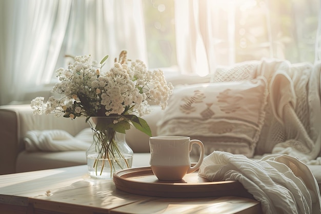 White Bouquet on Wooden Coffee Table in Cozy Room