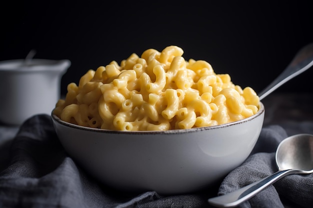 A white bowl of a beautiful mac and cheese captured from the front ai generated