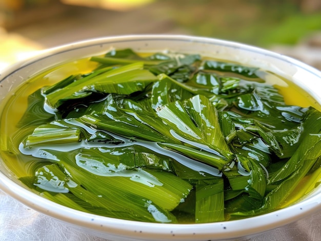 A white bowl brimming with vibrant green leaves placed gracefully on a wooden table