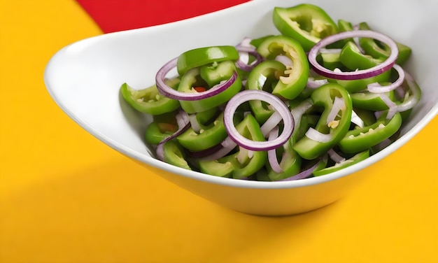 A white bowl containing a green bell pepper and red onion salad