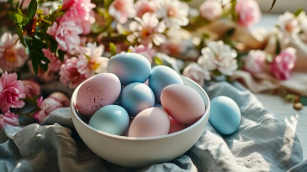 A white bowl filled with blue and pink eggs sitting on top of a table next to a bunch of flowers