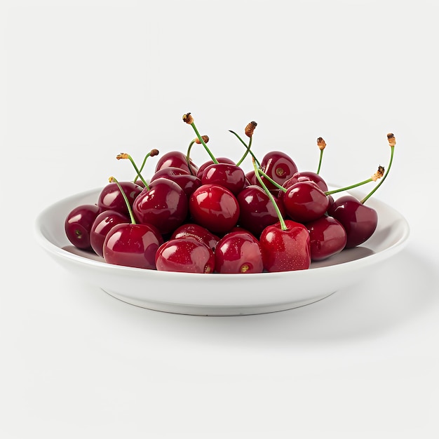 A white bowl filled with fresh red cherries with green stems shot from above on a white background