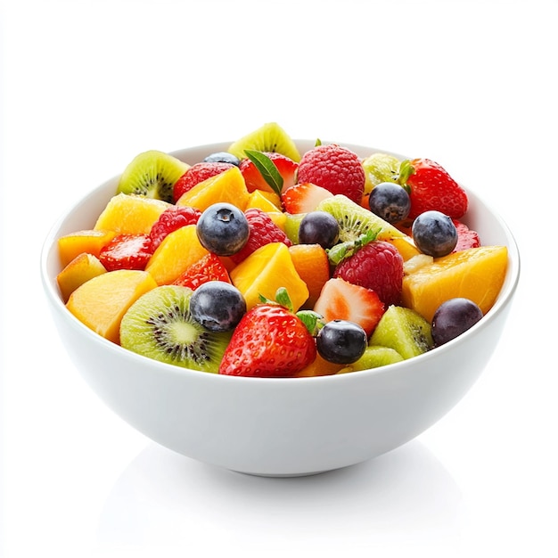 White bowl of fresh fruit salad isolated on white background Healthy summer meal