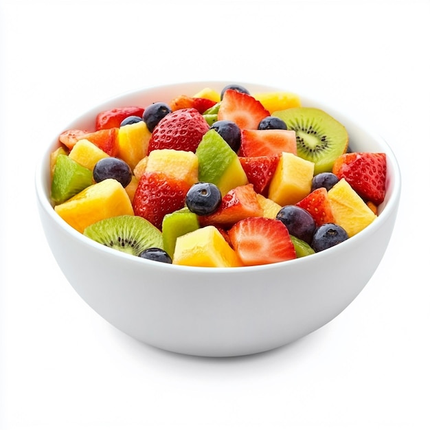 White bowl of fresh fruit salad isolated on white background Healthy summer meal