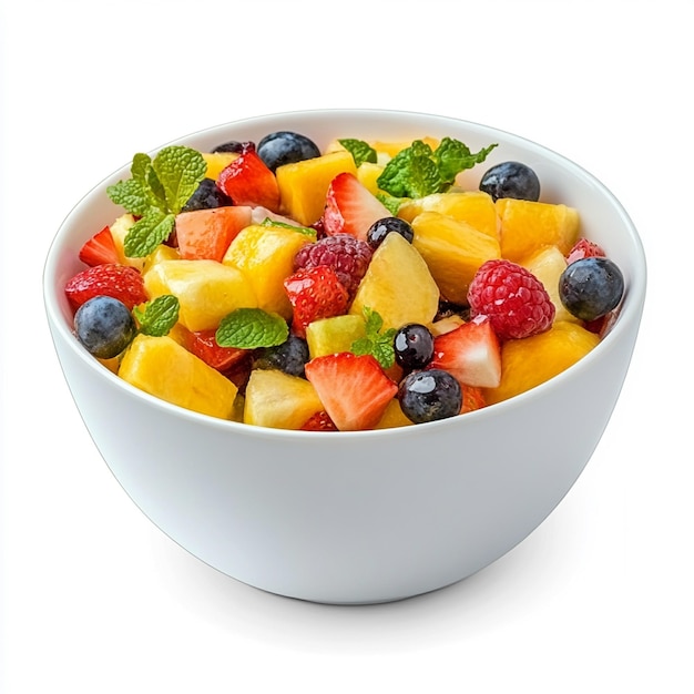 White bowl of fresh fruit salad isolated on white background Healthy summer meal