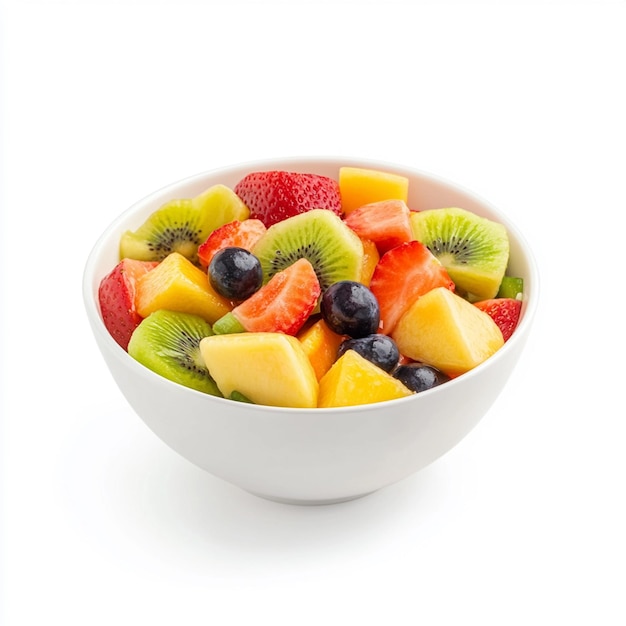 White bowl of fresh fruit salad isolated on white background Healthy summer meal