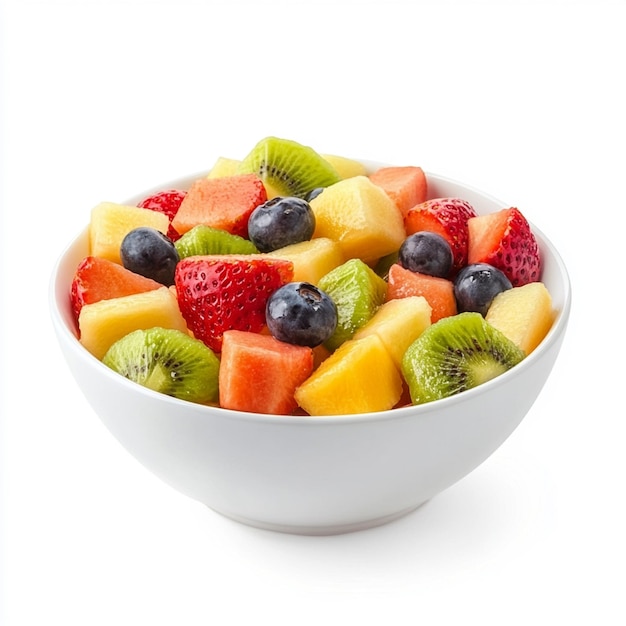 White bowl of fresh fruit salad isolated on white background Healthy summer meal