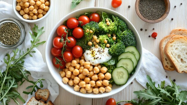 Photo a white bowl of fresh salad containing chickpeas