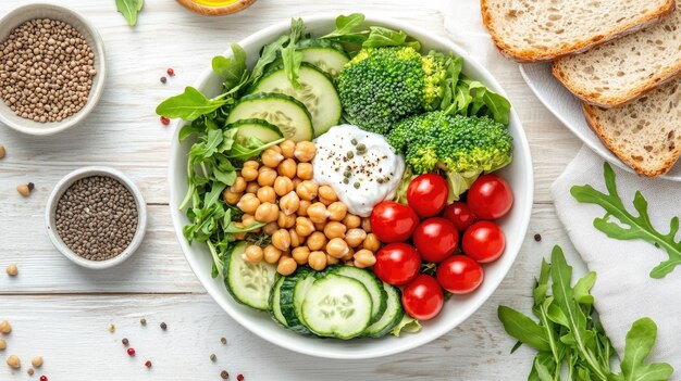 Photo a white bowl of fresh salad containing chickpeas