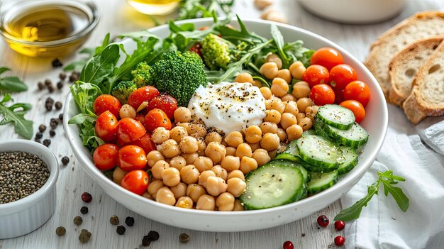 Photo a white bowl of fresh salad containing chickpeas