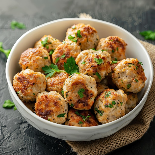 white bowl full of chicken meatballs on grey stone table AI Generative