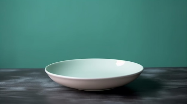 A white bowl is sitting on a table with a green background.