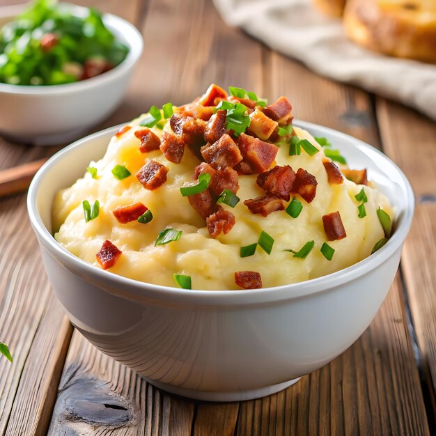 Photo a white bowl of mashed potatoes with bacon and cheese on top