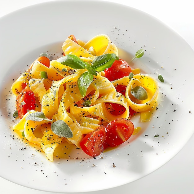 a white bowl of pasta with tomatoes basil and basil