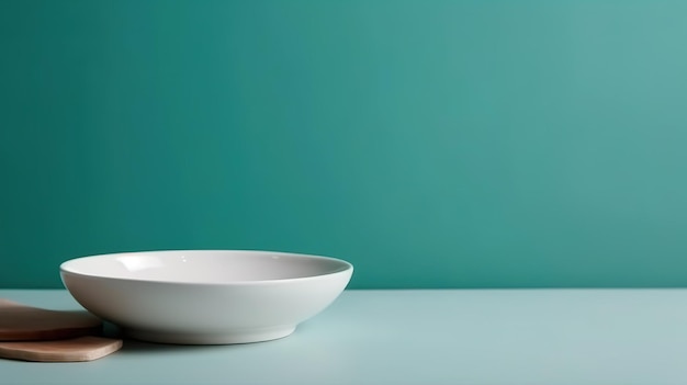 A white bowl on a table with a blue background