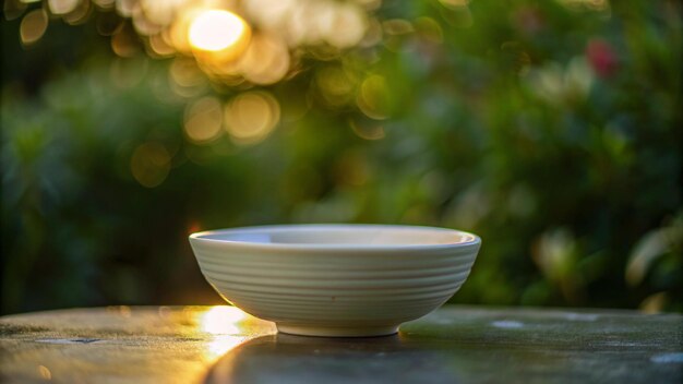 Photo white bowl on a table with a sunset bokeh background