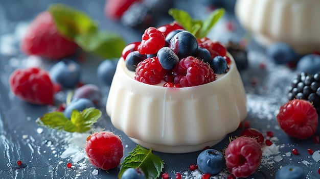 A white bowl with fresh raspberries and blueberries with more berries scattered on a blue surface