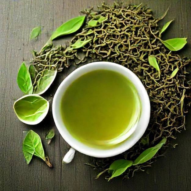 Photo a white bowl with green tea and leaves on it