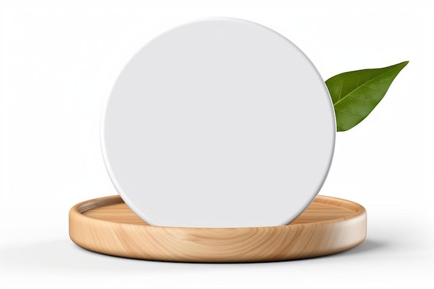 Photo a white bowl with a leaf on it sits on a wooden tray