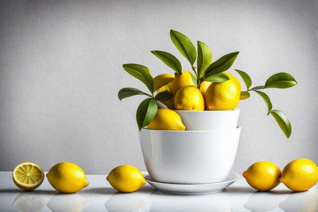 a white bowl with lemons and leaves on it