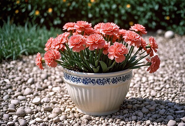 Photo a white bowl with pink flowers in it and a white bowl with a blue design on the side