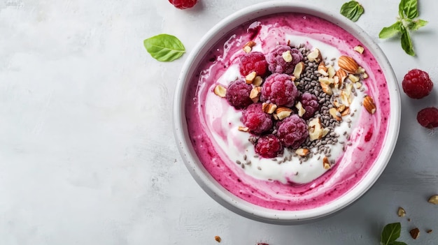 White Bowl with Raspberry Yogurt Smoothie Topped with Almonds and Chia Seeds