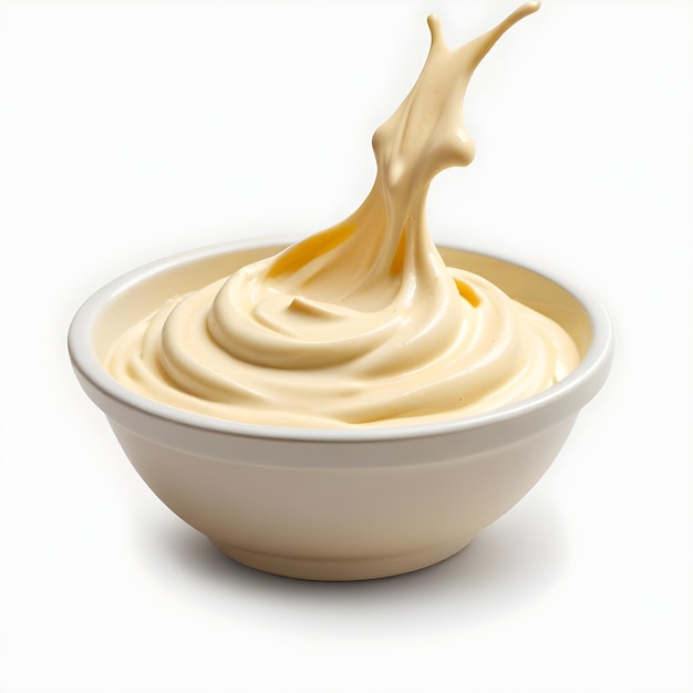 a white bowl with a yellow cream in it that is called the cream