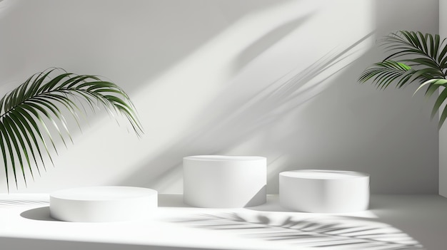 white bowls on a white table with a plant in the corner