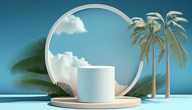 A white box sits on a pedestal in front of a palm tree and a blue background