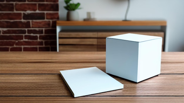 A white box sits on a wooden table next to a white box.