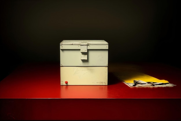 A White Box Sitting On Top Of A Red Table