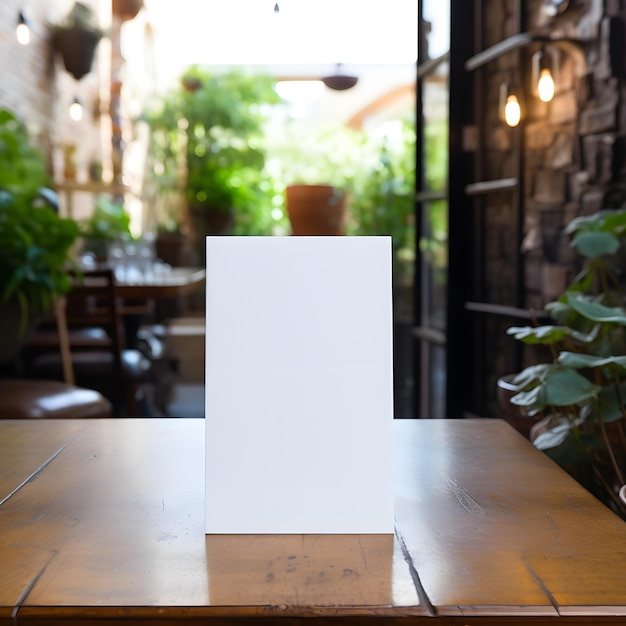 a white box on a table with a green plant in the background