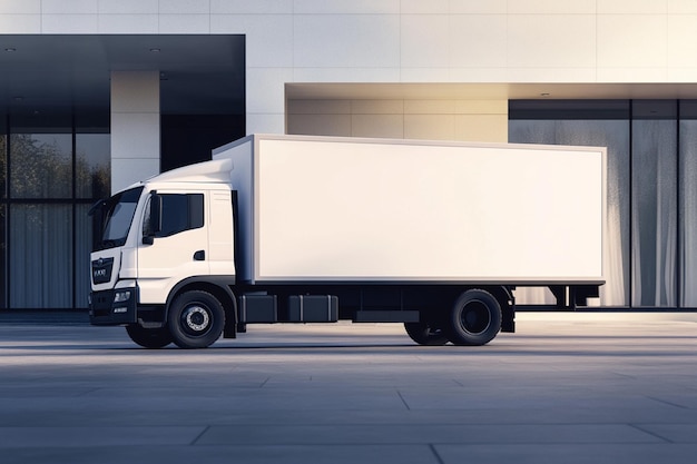 Photo white box truck driving on a city street