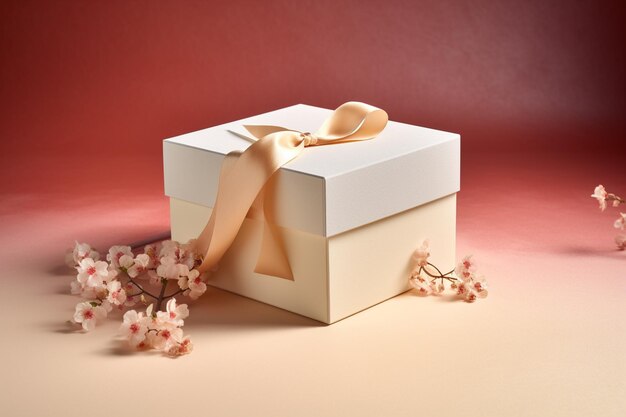 A white box with a bow on it and a pink background with flowers.