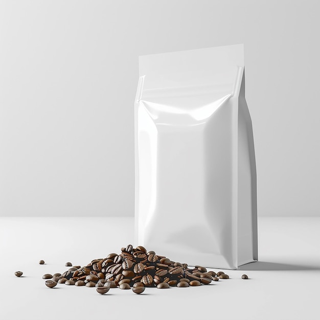 a white box with coffee beans on it and a coffee cup on the table