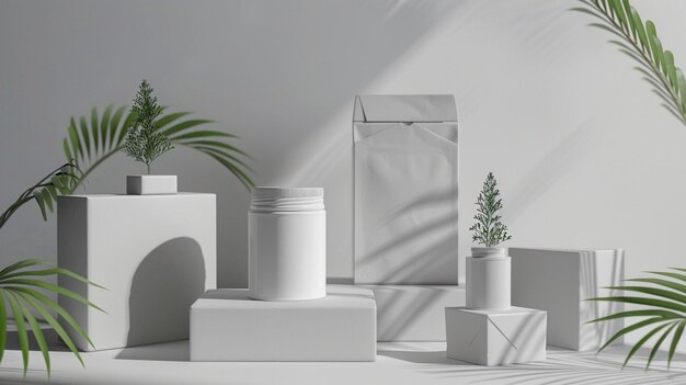 Photo a white box with a plant on it and a green plant in the middle