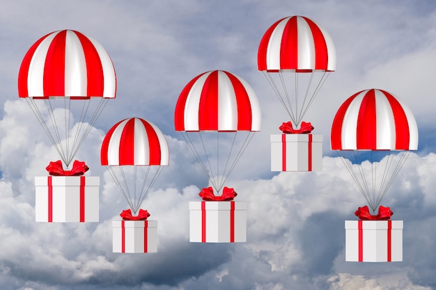 White box with red bow and parachute on sky. 3D illustration