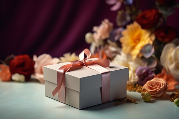 A white box with a red ribbon tied around it sits on a table with flowers in the background.