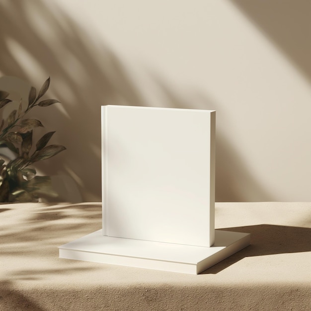 a white box with a shadow on it and a plant in the background