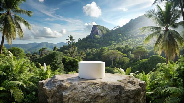 a white box with a white label on it sits on a rock in front of a mountain