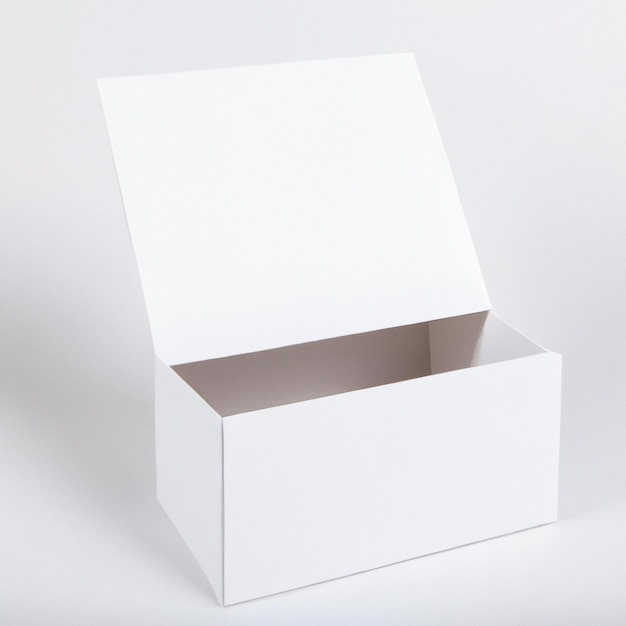 A white box with a white lid sits on a white surface