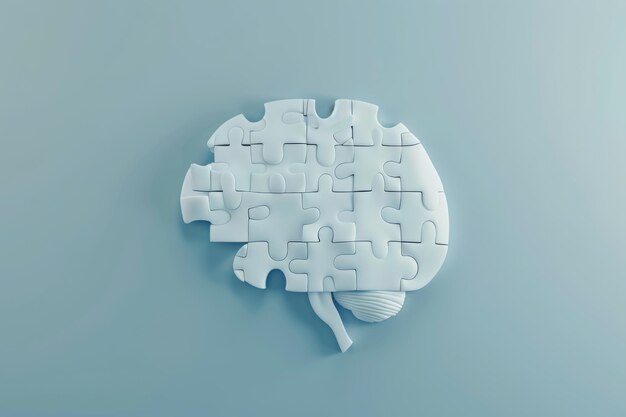 Photo a white brain puzzle with missing pieces against a pastel green background representing problemsolving and the mysteries of the mind