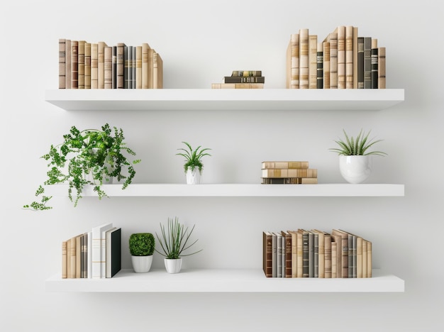 Photo on a white brick wall a bookcase adorns a collection of evergreen plants