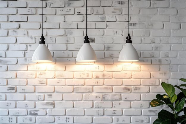 Photo a white brick wall with three pendant lights shining down the wall is slightly textured with grey ac