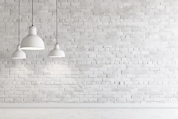 a white brick wall with a white brick wall and two hanging lamps