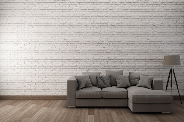 White brick wall  wooden floor with sofa