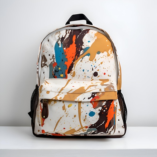 A white and brown backpack with a multicolored pattern on it.