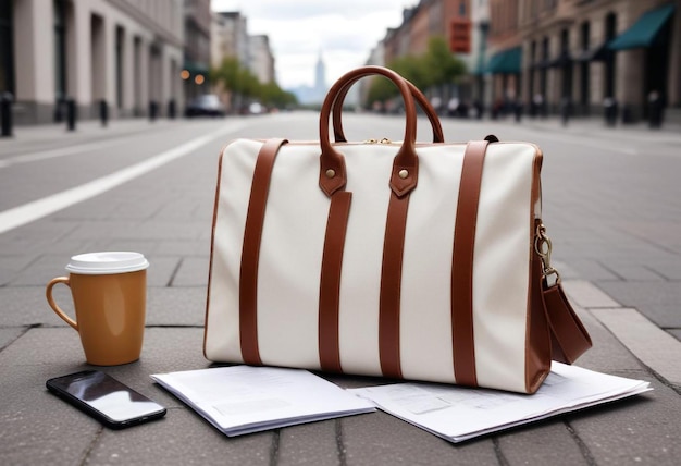 Photo white and brown bag with papers on sidewalk urban street scene mockup for casual outdoors